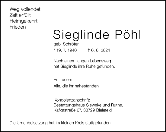 Traueranzeige von Sieglinde Pöhl von Neue Westfälische