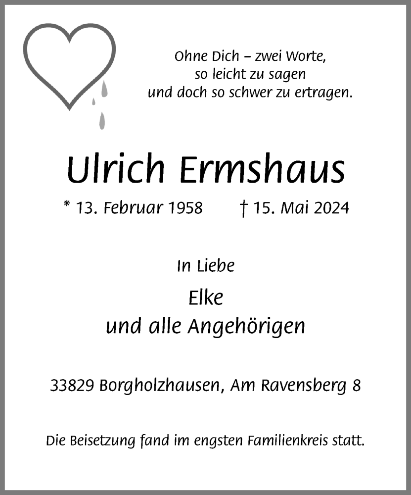  Traueranzeige für Ulrich Ermshaus vom 01.06.2024 aus Neue Westfälische