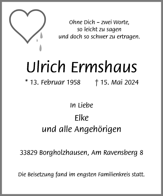 Traueranzeige von Ulrich Ermshaus von Neue Westfälische