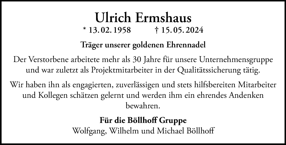  Traueranzeige für Ulrich Ermshaus vom 08.06.2024 aus Neue Westfälische