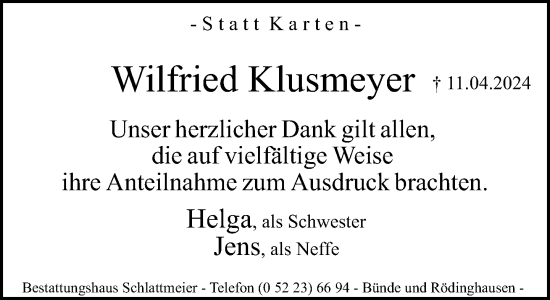 Traueranzeige von Wilfried Klusmeyer von Neue Westfälische