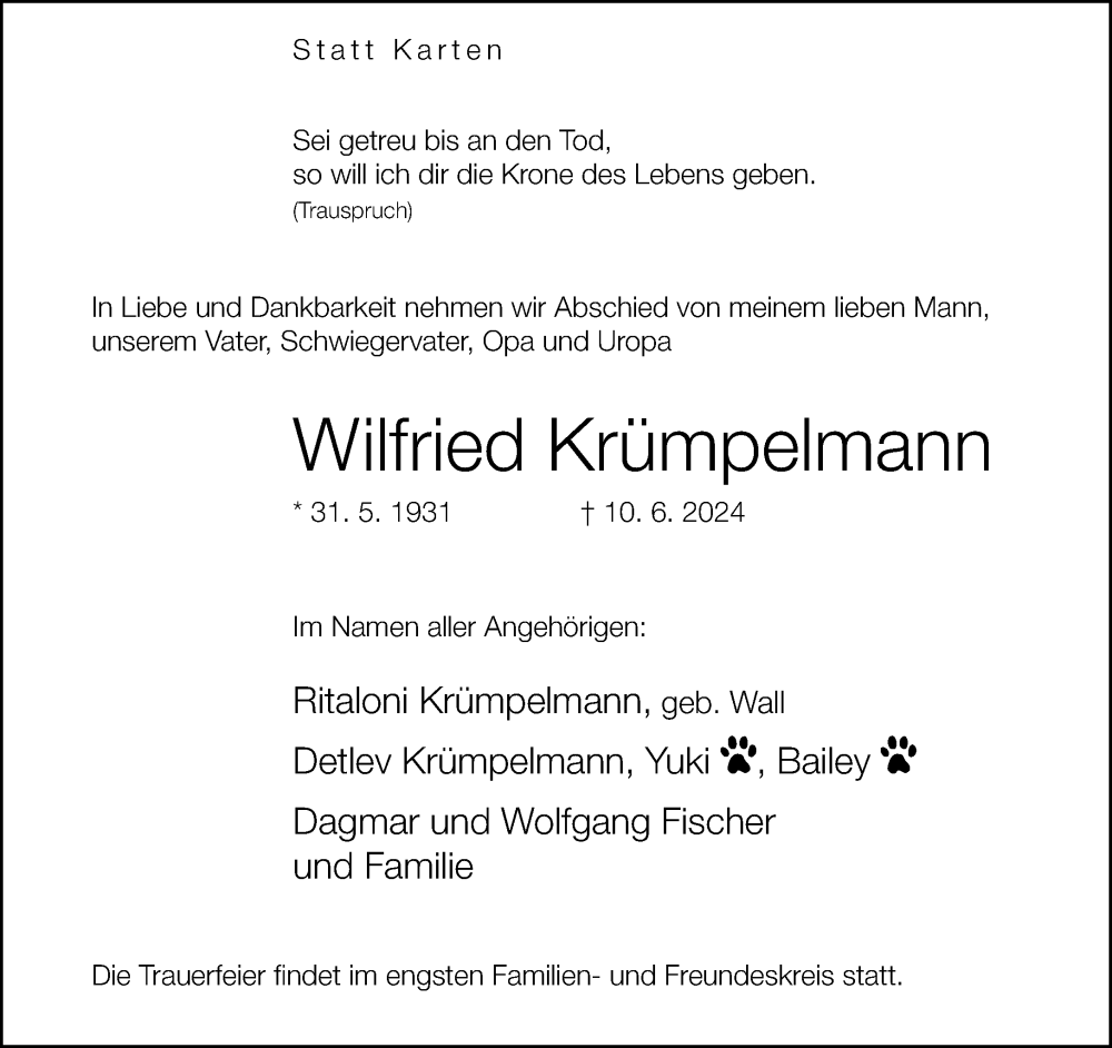 Traueranzeige für Wilfried Krümpelmann vom 15.06.2024 aus Neue Westfälische