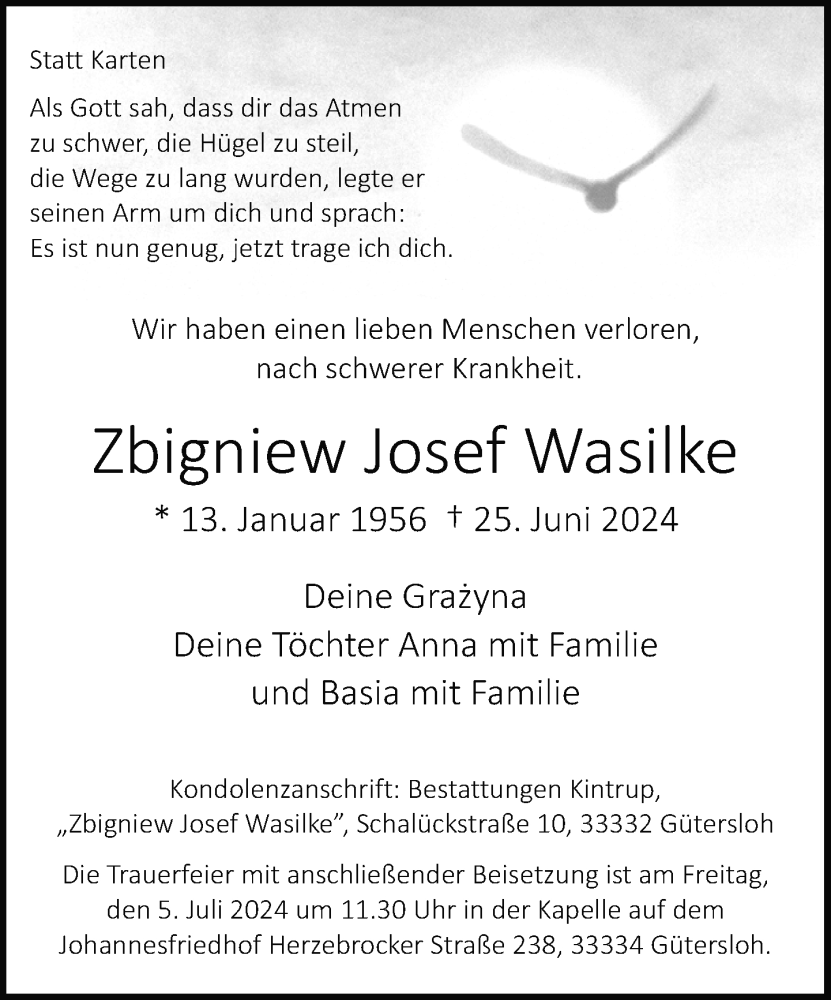  Traueranzeige für Zbigniew Josef Wasilke vom 29.06.2024 aus Neue Westfälische