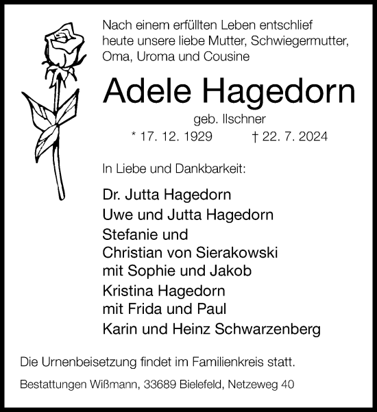 Traueranzeige von Adele Hagedorn von Neue Westfälische