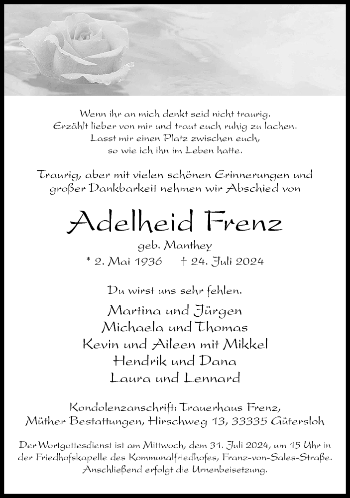  Traueranzeige für Adelheid Frenz vom 27.07.2024 aus Neue Westfälische