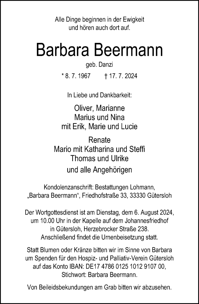  Traueranzeige für Barbara Beermann vom 29.07.2024 aus Neue Westfälische