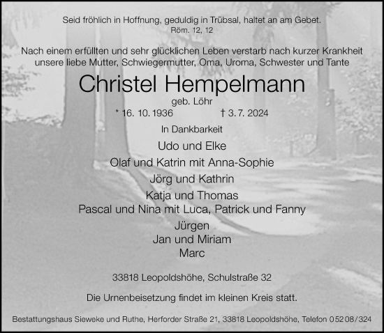 Traueranzeige von Christel Hempelmann von Neue Westfälische