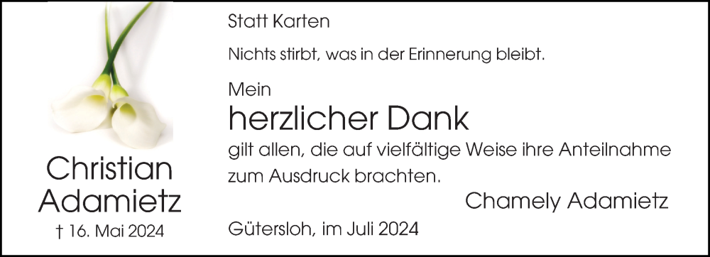  Traueranzeige für Christian Adamietz vom 13.07.2024 aus Neue Westfälische