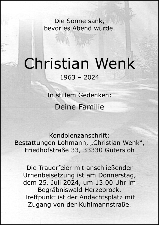 Traueranzeige von Christian Wenk von Neue Westfälische