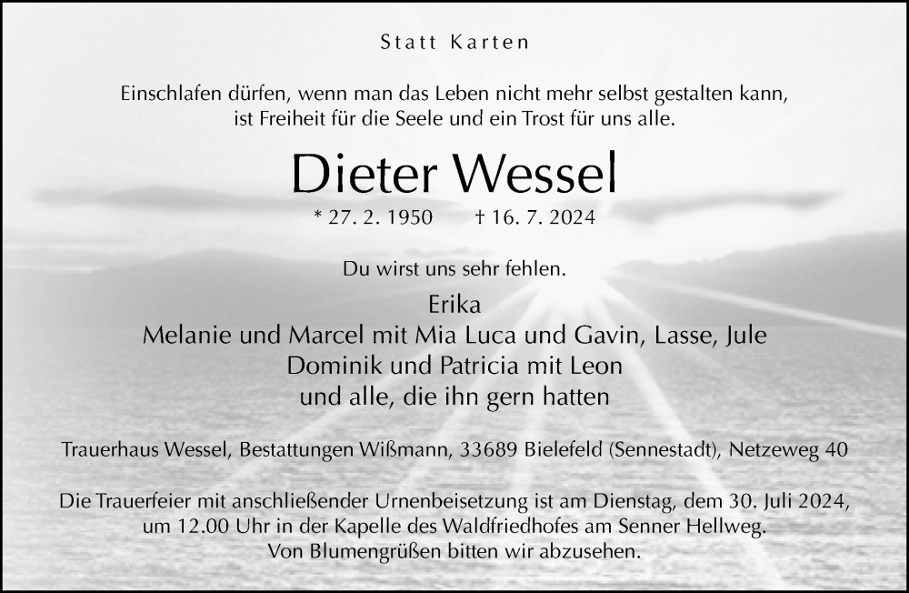  Traueranzeige für Dieter Wessel vom 20.07.2024 aus Neue Westfälische