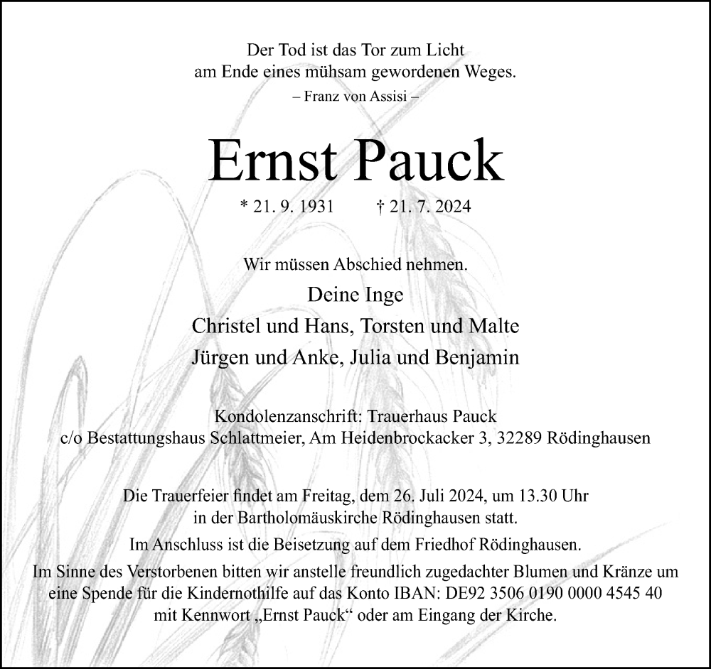  Traueranzeige für Ernst Pauck vom 24.07.2024 aus Neue Westfälische