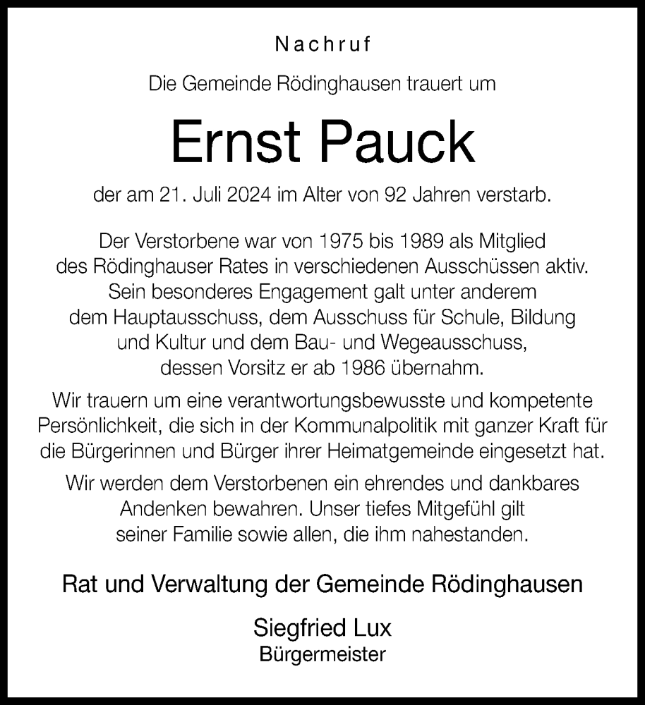  Traueranzeige für Ernst Pauck vom 26.07.2024 aus Neue Westfälische