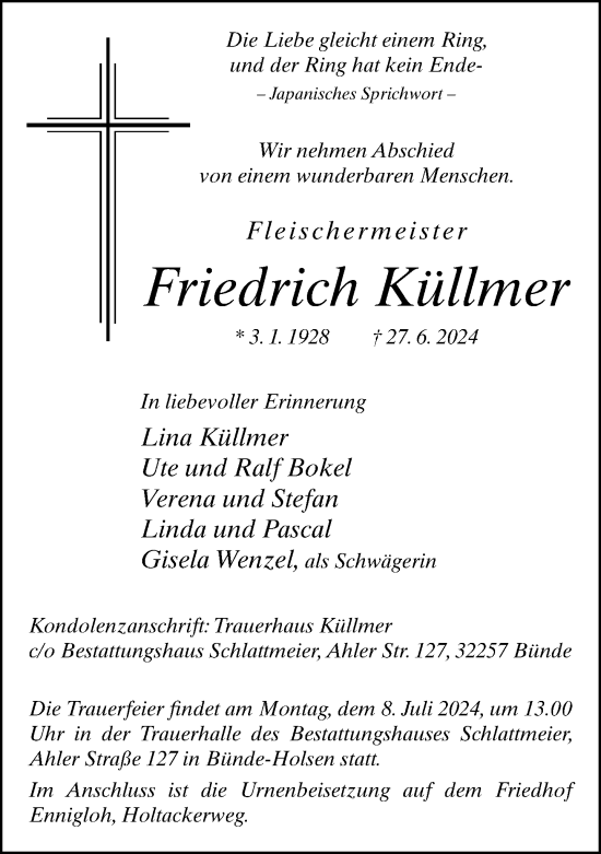 Traueranzeige von Friedrich Küllmer von Neue Westfälische