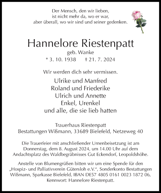 Traueranzeige von Hannelore Riestenpatt von Neue Westfälische