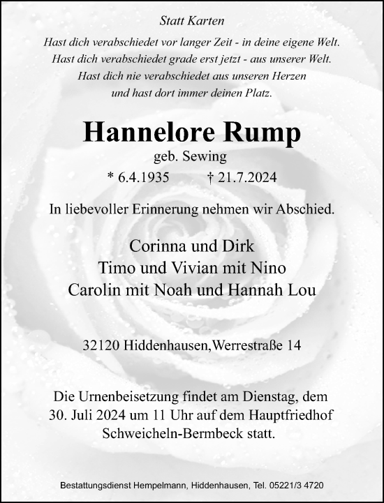 Traueranzeige von Hannelore Rump von Neue Westfälische