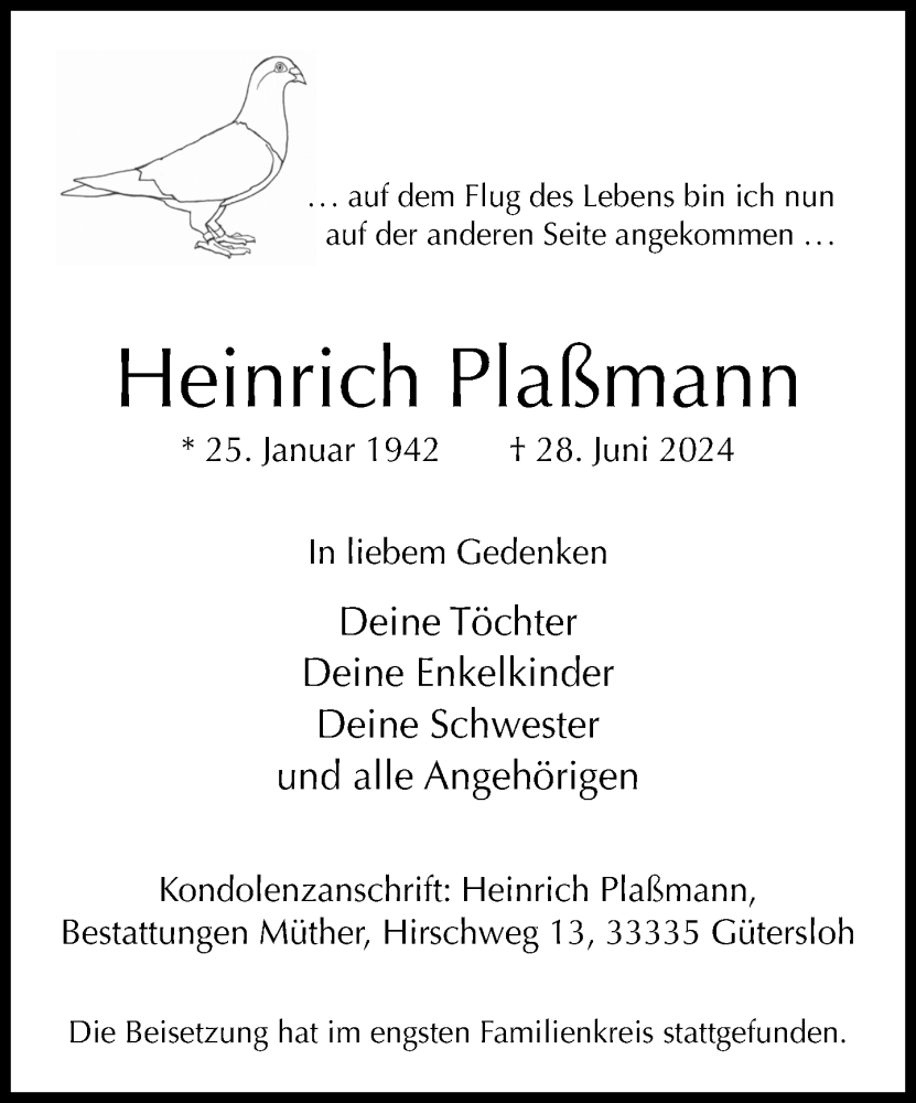  Traueranzeige für Heinrich Plaßmann vom 06.07.2024 aus Neue Westfälische