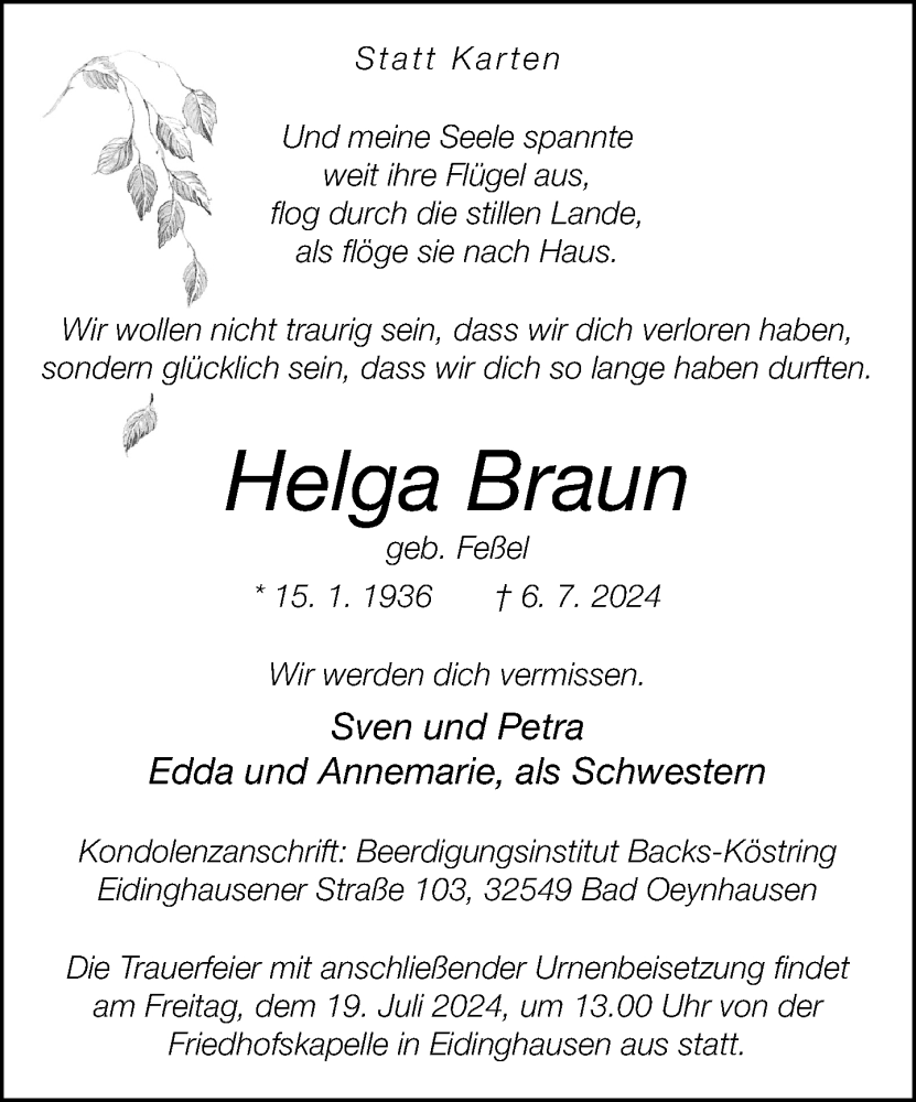  Traueranzeige für Helga Braun vom 13.07.2024 aus Neue Westfälische