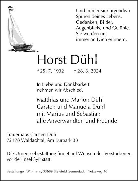 Traueranzeige von Horst Dühl von Neue Westfälische