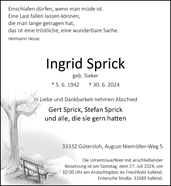 Traueranzeige von Ingrid Sprick von Neue Westfälische