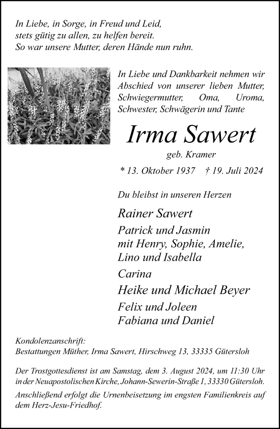 Traueranzeige von Irma Sawert von Neue Westfälische