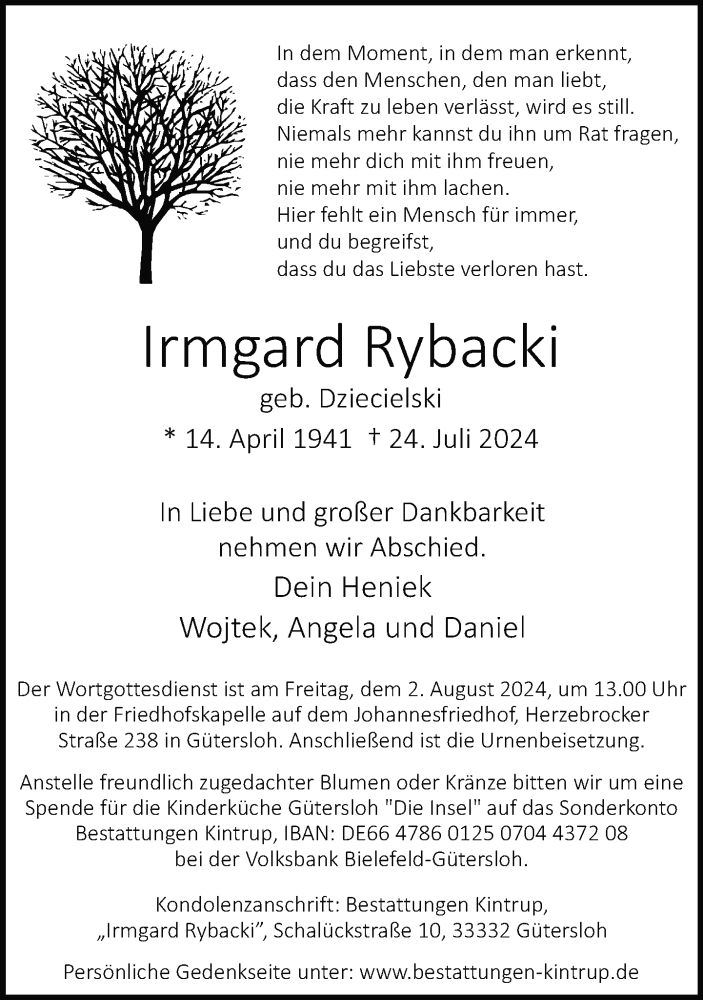  Traueranzeige für Irmgard Rybacki vom 27.07.2024 aus Neue Westfälische
