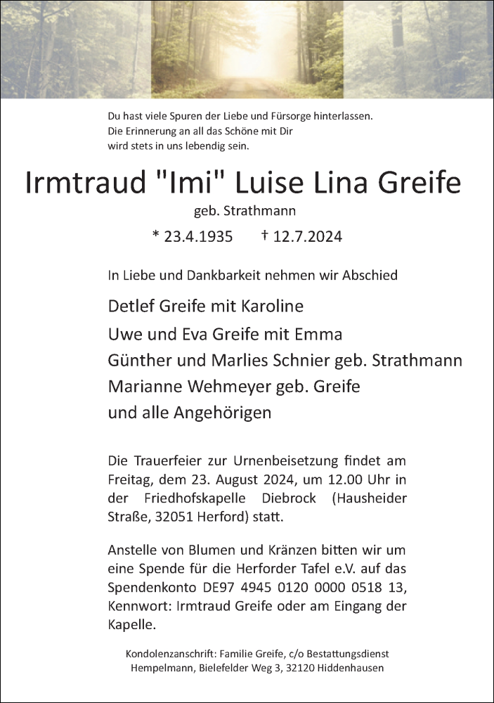  Traueranzeige für Irmtraud Greife vom 20.07.2024 aus Neue Westfälische
