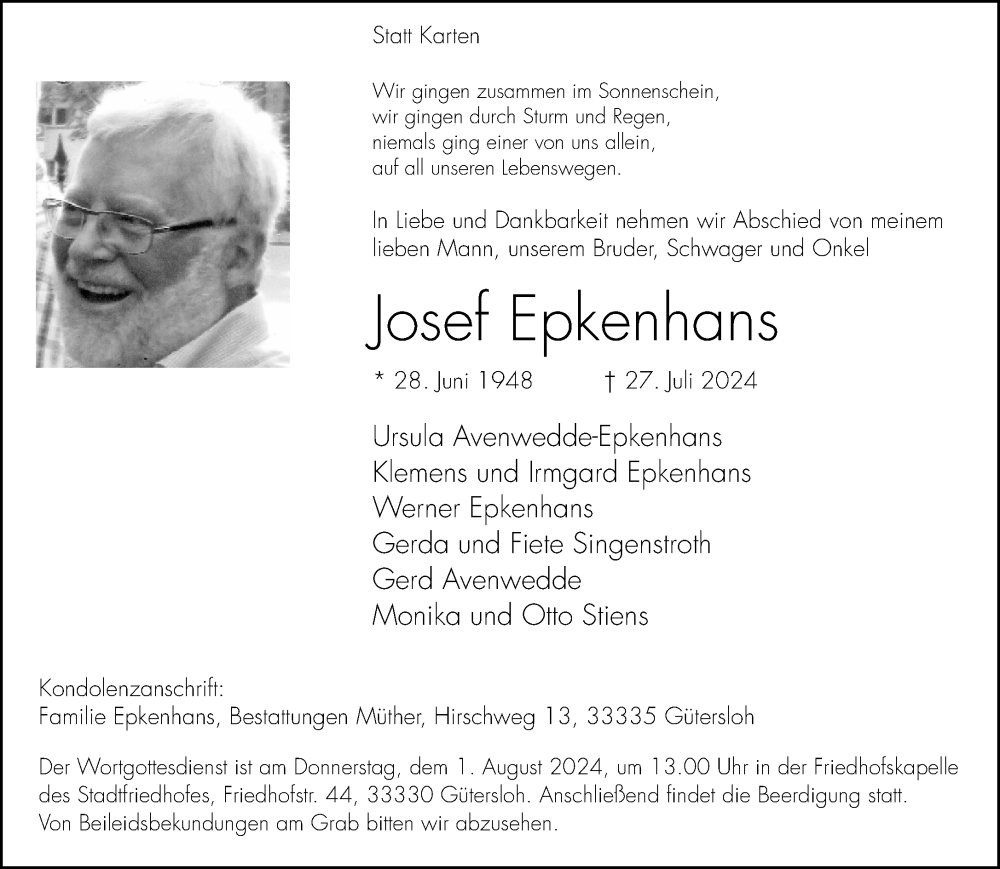  Traueranzeige für Josef Epkenhans vom 30.07.2024 aus Neue Westfälische