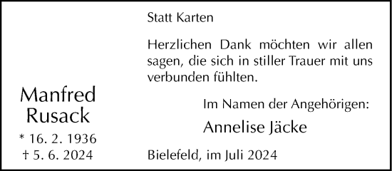 Traueranzeige von Manfred Rusack von Neue Westfälische