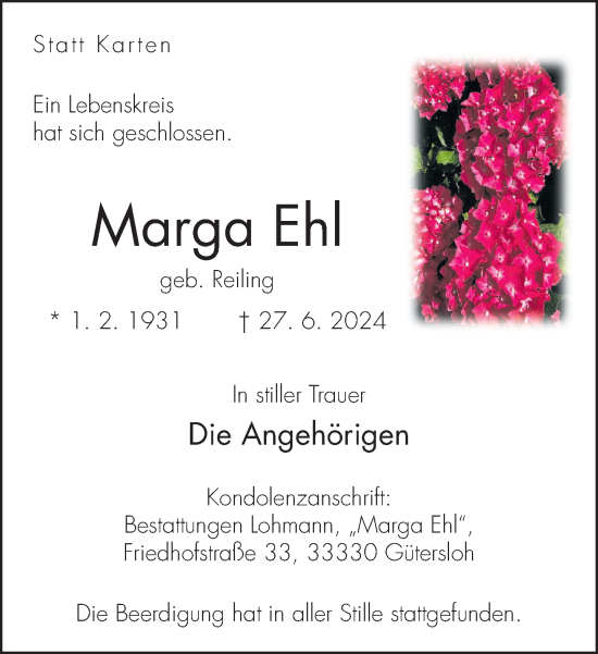 Traueranzeige von Marga Ehl von Neue Westfälische