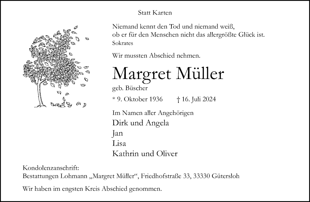  Traueranzeige für Margret Müller vom 30.07.2024 aus Neue Westfälische
