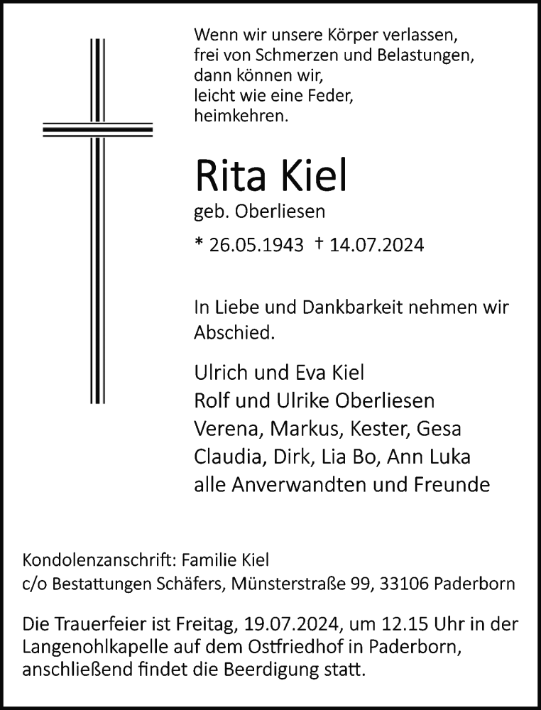  Traueranzeige für Rita Kiel vom 17.07.2024 aus Neue Westfälische