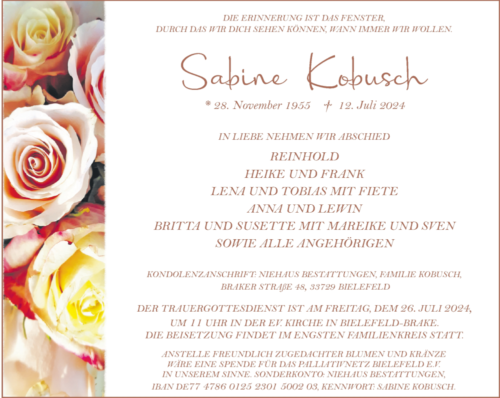  Traueranzeige für Sabine Kobusch vom 20.07.2024 aus Neue Westfälische