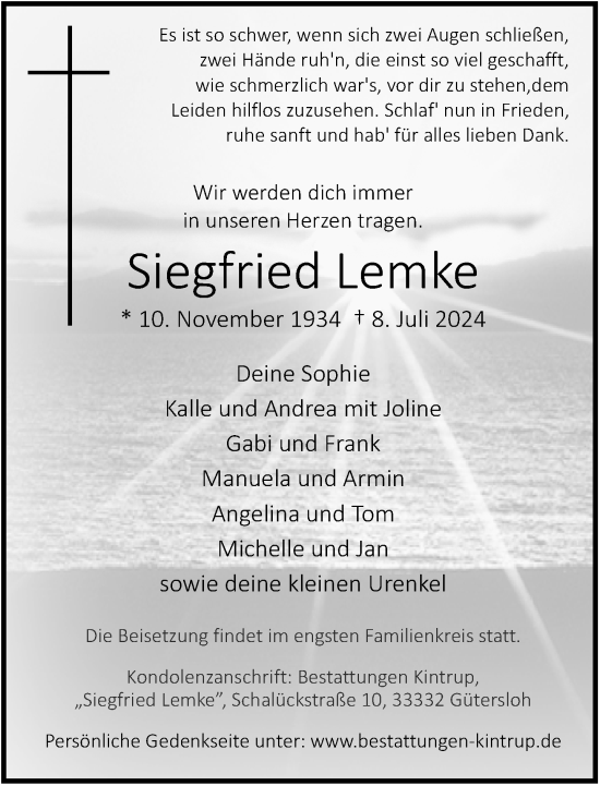 Traueranzeige von Siegfried Lemke von Neue Westfälische