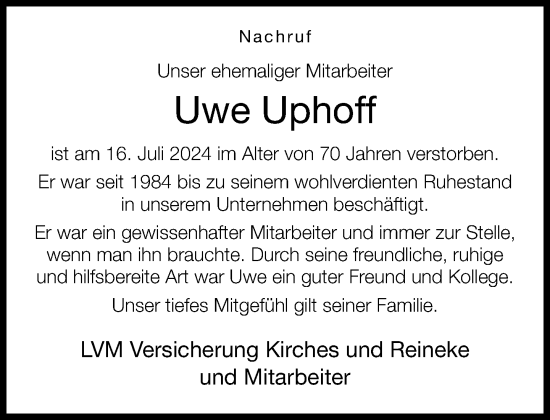 Traueranzeige von Uwe Uphoff von Neue Westfälische
