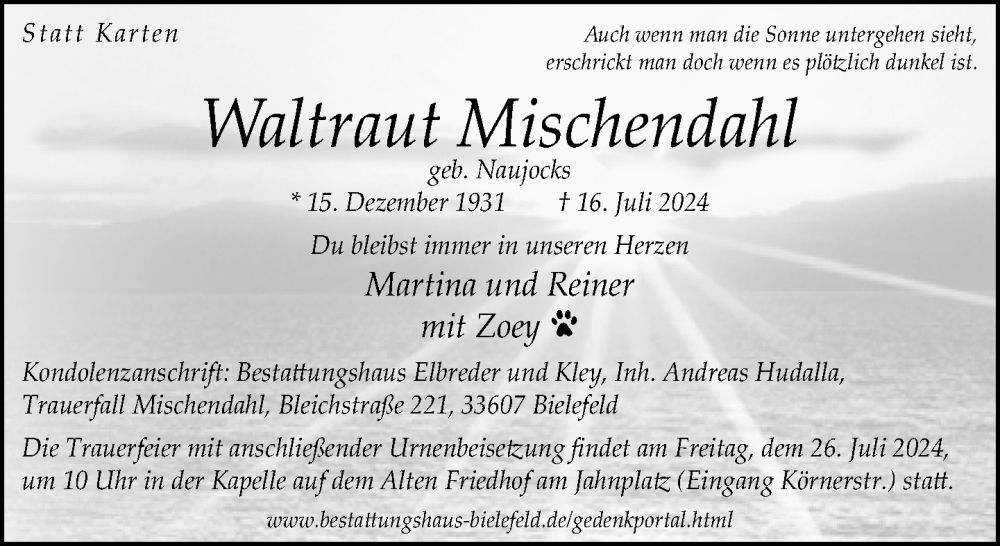  Traueranzeige für Waltraud Mischendahl vom 20.07.2024 aus Neue Westfälische