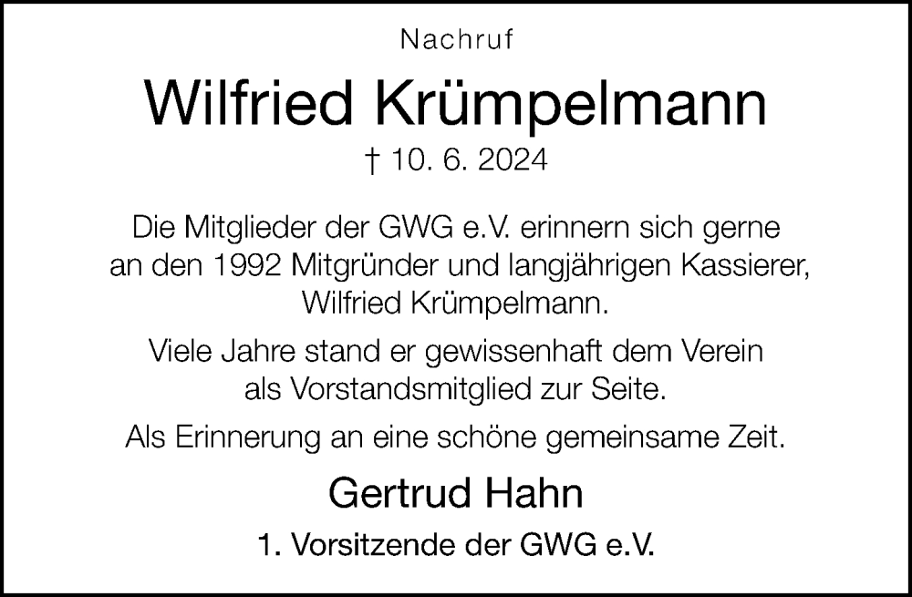  Traueranzeige für Wilfried Krümpelmann vom 27.07.2024 aus Neue Westfälische