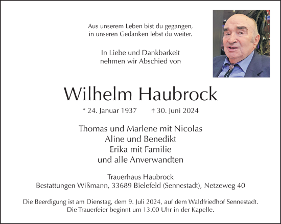 Traueranzeige von Wilhelm Haubrock von Neue Westfälische