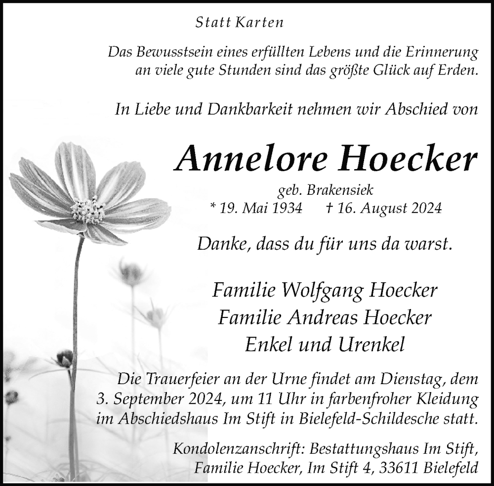  Traueranzeige für Annelore Hoecker vom 24.08.2024 aus Neue Westfälische