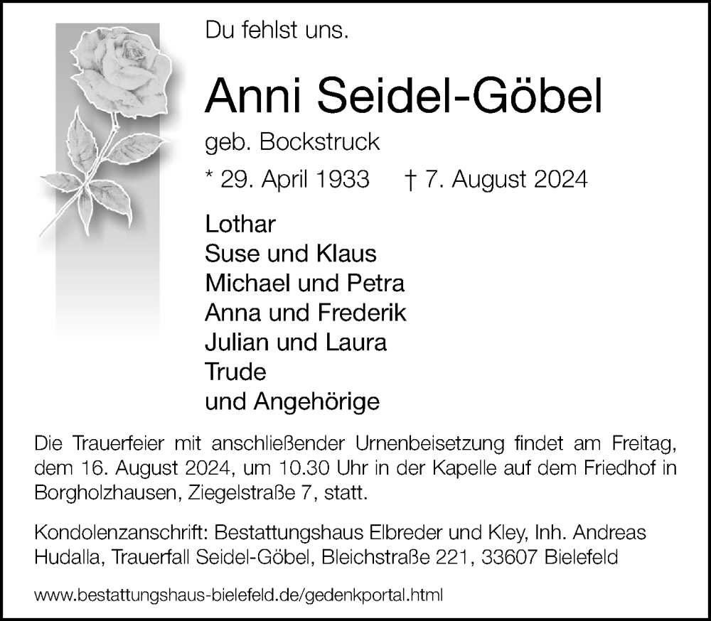  Traueranzeige für Anni Seidel-Göbel vom 14.08.2024 aus Neue Westfälische