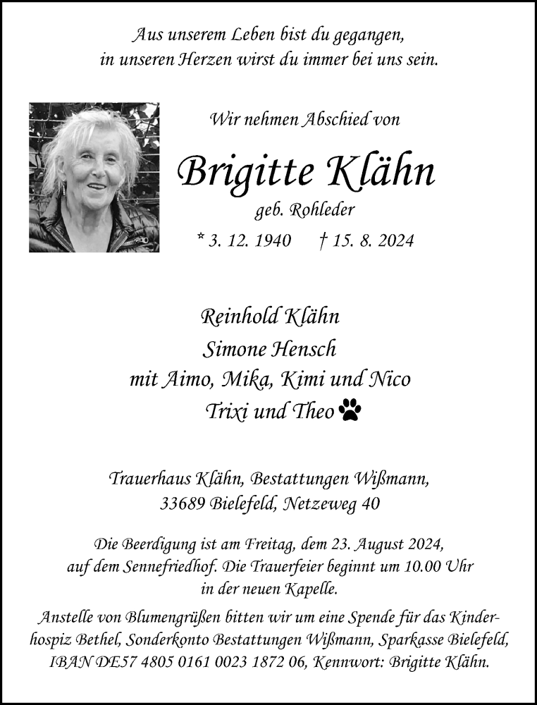  Traueranzeige für Brigitte Klähn vom 17.08.2024 aus Neue Westfälische