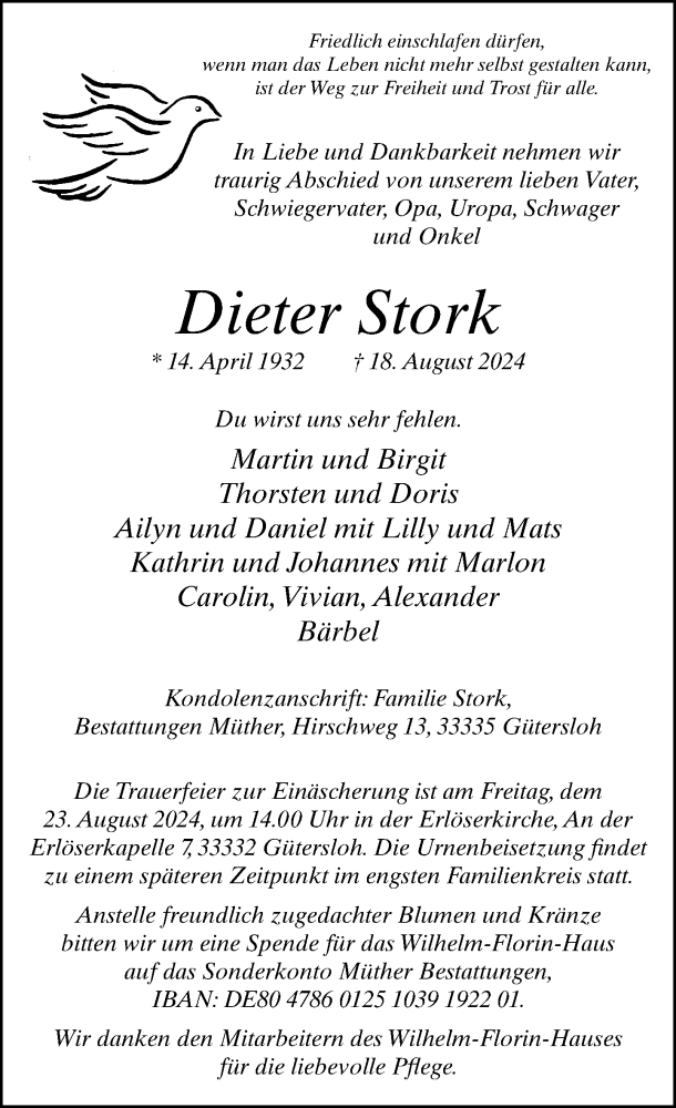  Traueranzeige für Dieter Stork vom 21.08.2024 aus Neue Westfälische