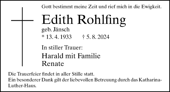 Traueranzeige von Edith Rohlfing von Neue Westfälische