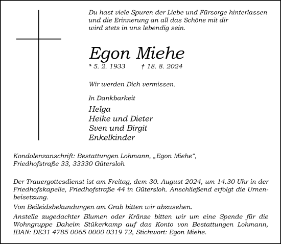 Traueranzeige von Egon Miehe von Neue Westfälische