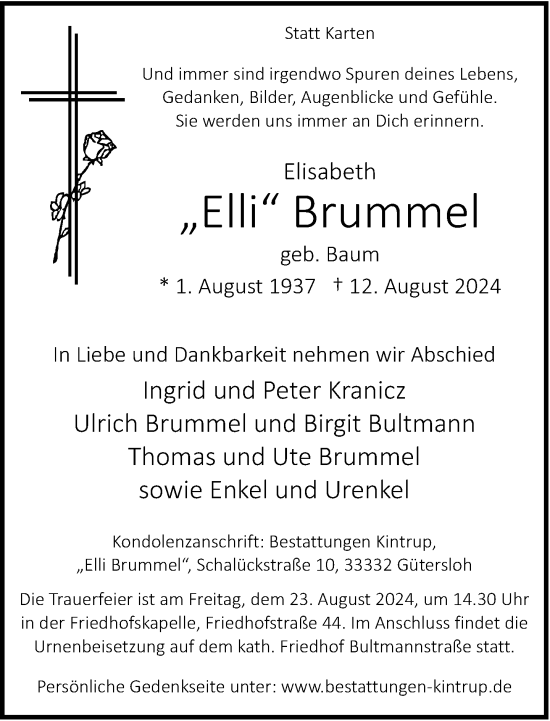 Traueranzeige von Elisabeth Brummel von Neue Westfälische