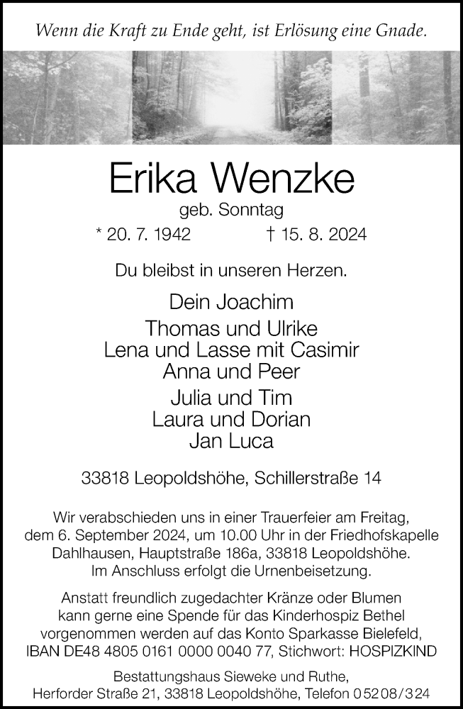  Traueranzeige für Erika Wenzke vom 24.08.2024 aus Neue Westfälische