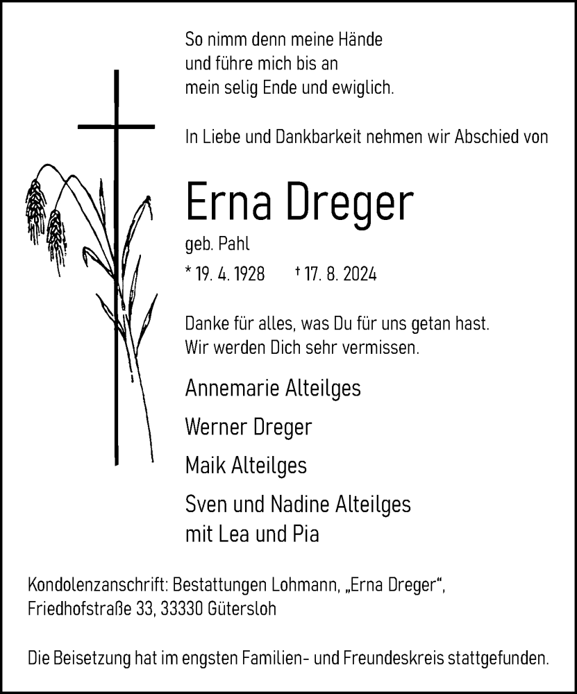  Traueranzeige für Erna Dreger vom 28.08.2024 aus Neue Westfälische