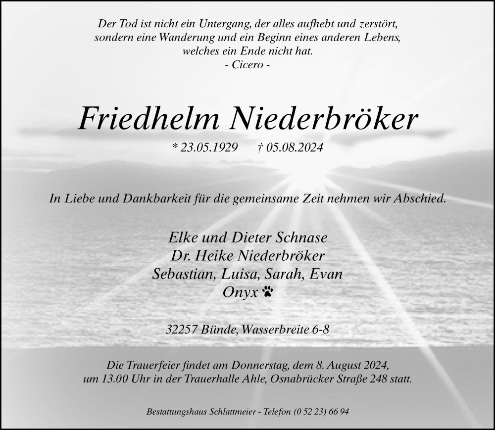  Traueranzeige für Friedhelm Niederbröker vom 07.08.2024 aus Neue Westfälische