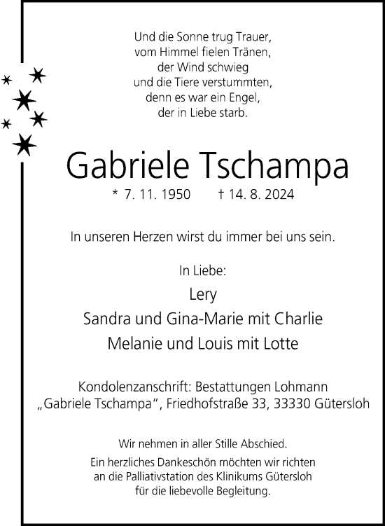 Traueranzeige von Gabriele Tschampa von Neue Westfälische