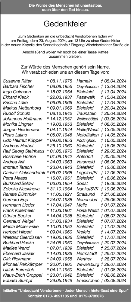 Traueranzeige von Gedenkfeier  von Neue Westfälische