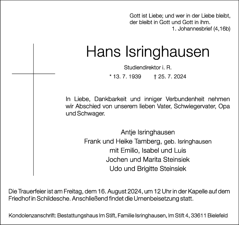  Traueranzeige für Hans Isringhausen vom 10.08.2024 aus Neue Westfälische
